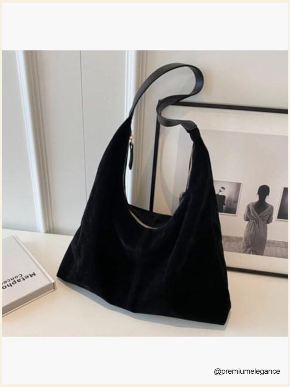 Classic Black Suede Hobo Bag - Minimal Shoulder Tote - Picture 3 of 7
